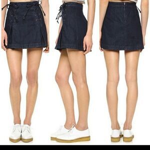 Free People lace up dark wash denim pleated, mini jean skirt, Y2K ~Size 4